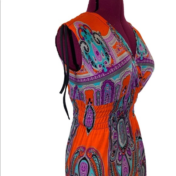 Long Maxi Paisley Print Short Sleeve Column Stretch Dress Women's Size XL - Picture 6 of 8